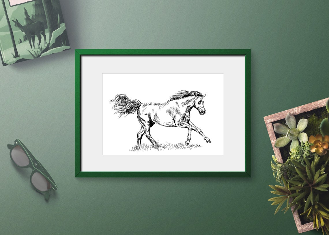 Galloping Horse Ink Sketch Black White Equestrian Line Art Print