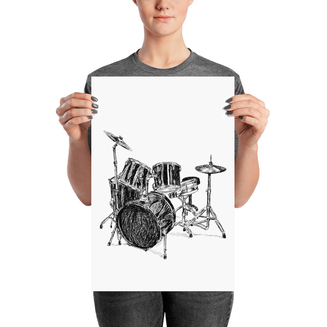 Drum Set Black And White Ink Sketch Percussion Instrument Line Art Poster - Image 3