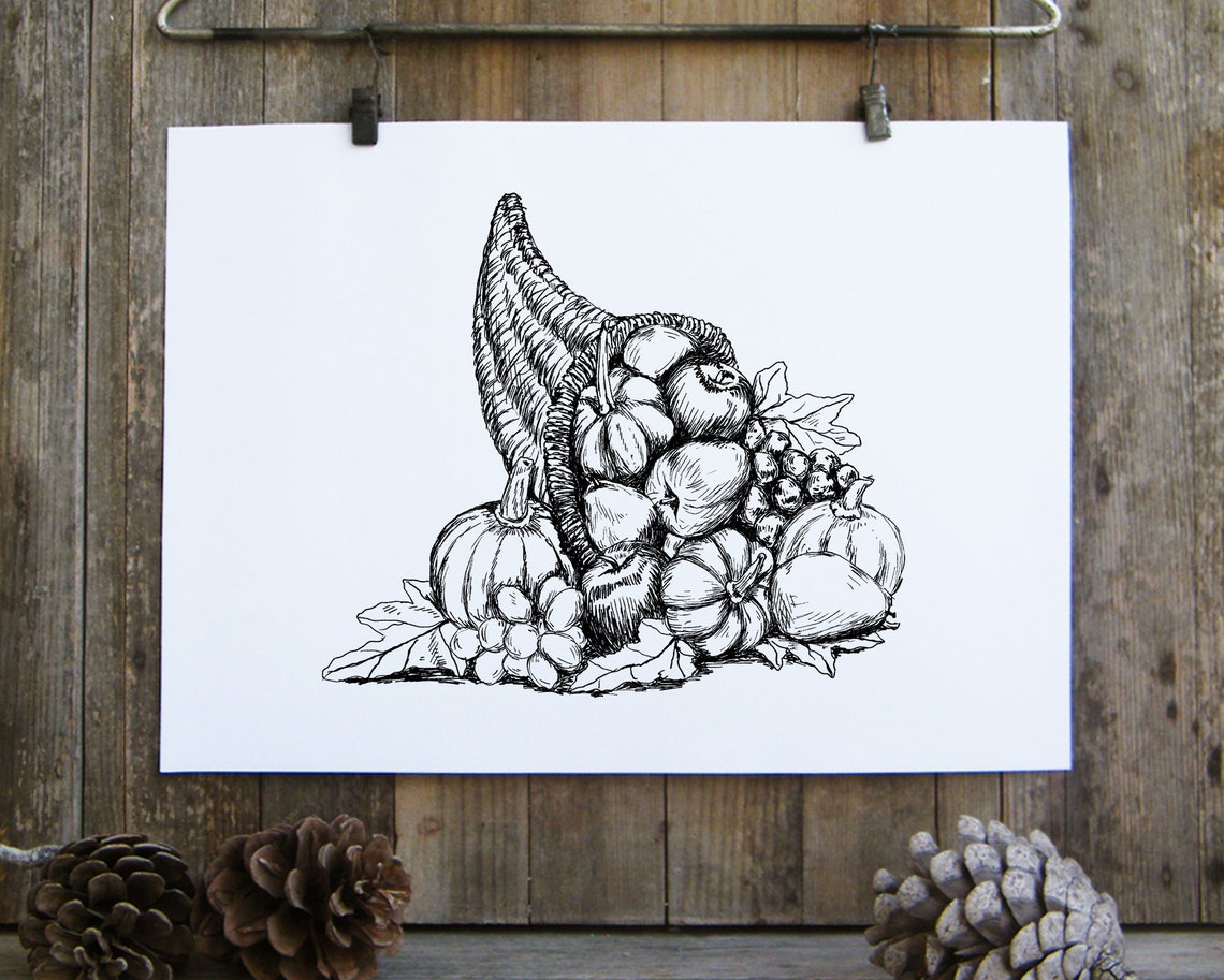 Cornucopia Horn Of Plenty Harvest Pumpkins Ink Sketch Wall Art