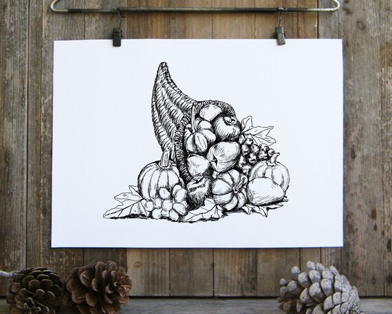 Cornucopia Horn Of Plenty Harvest Pumpkins Ink Sketch Wall Art