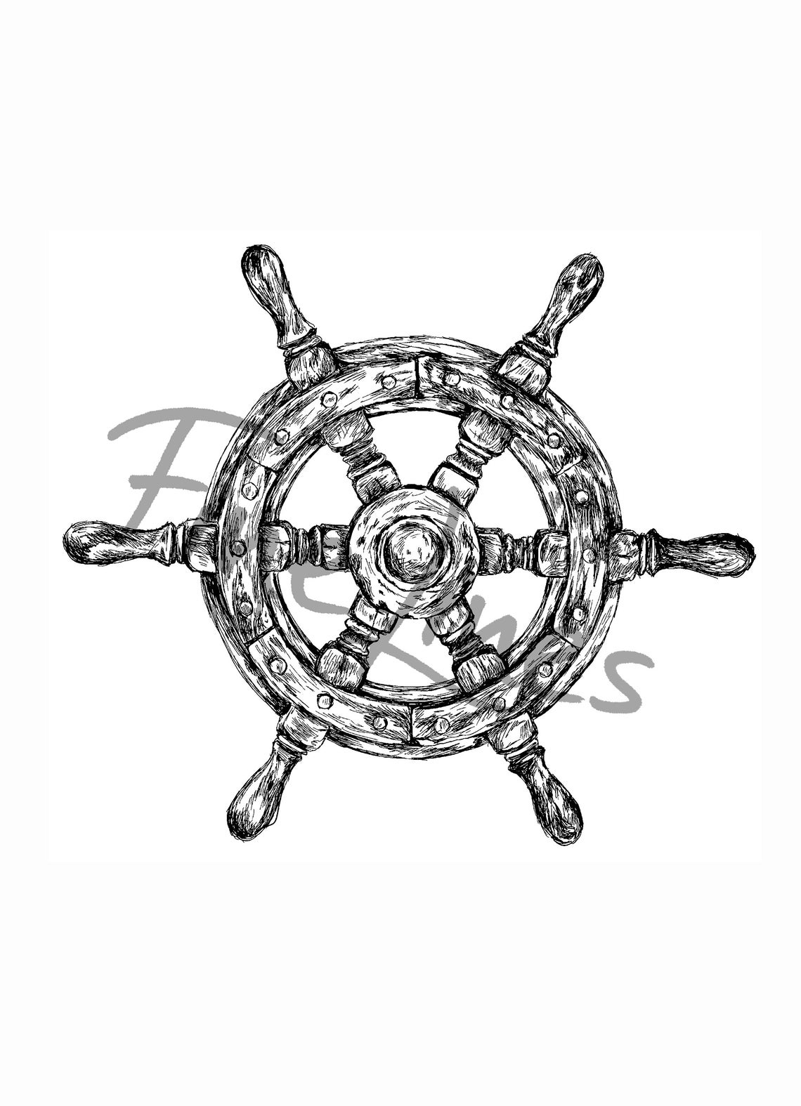 Black and White Vintage Ship's Wheel Ink Sketch Nautical Poster - Image 2