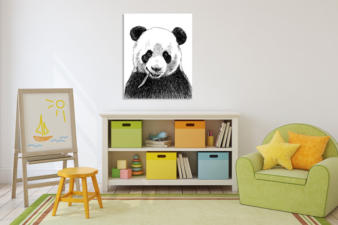 Giant Panda Ink Sketch Portrait Black White Cute Animal Print