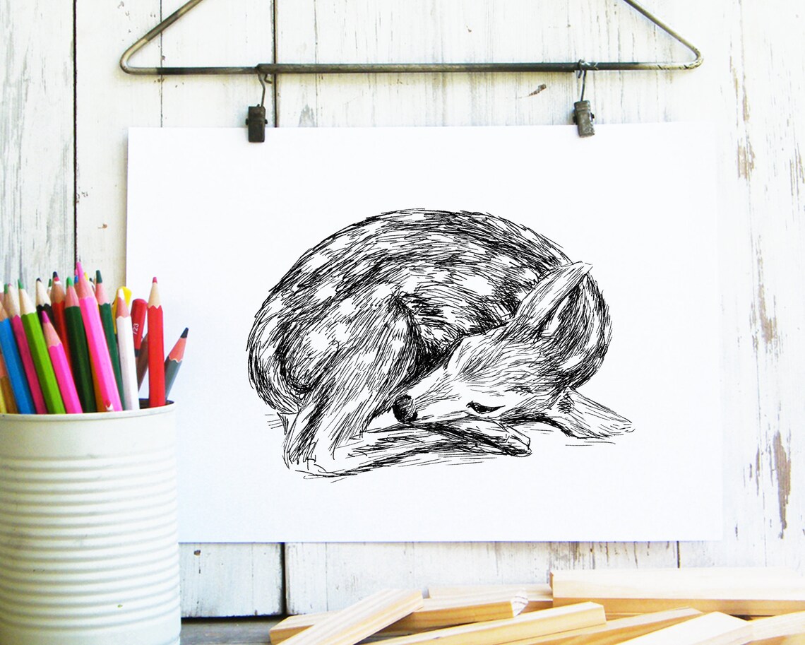 Sleeping Fawn Ink Sketch Baby Deer Nursery Woodland Art Poster - Image 3