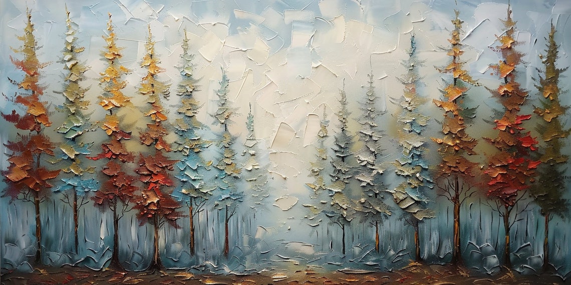 Colorful Pine Forest Misty Morning Textured Trees Landscape Wall Art - Image 4