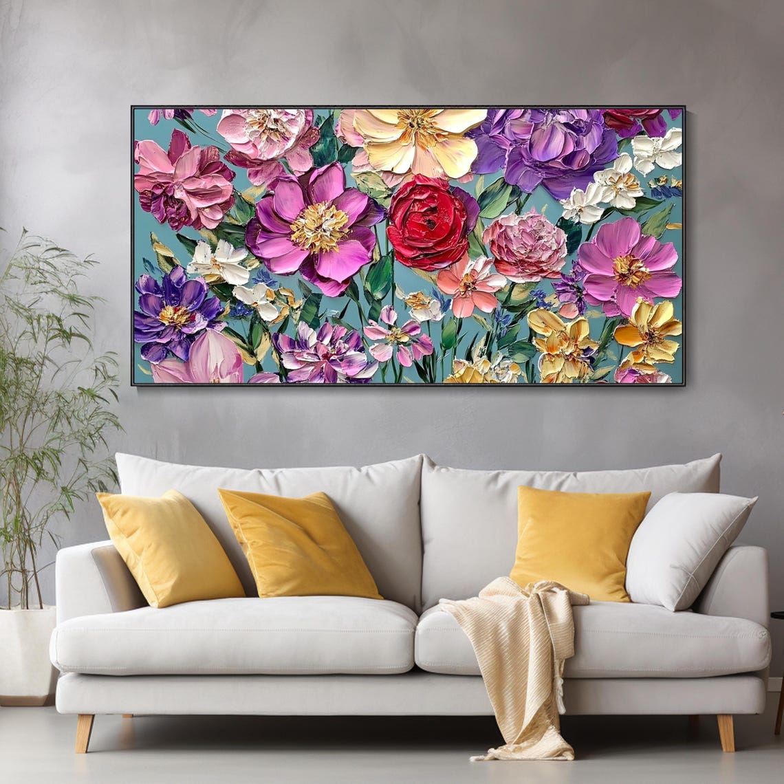 Lush Pink Purple Floral Garden Teal Background Impasto Wall Art - Image 3