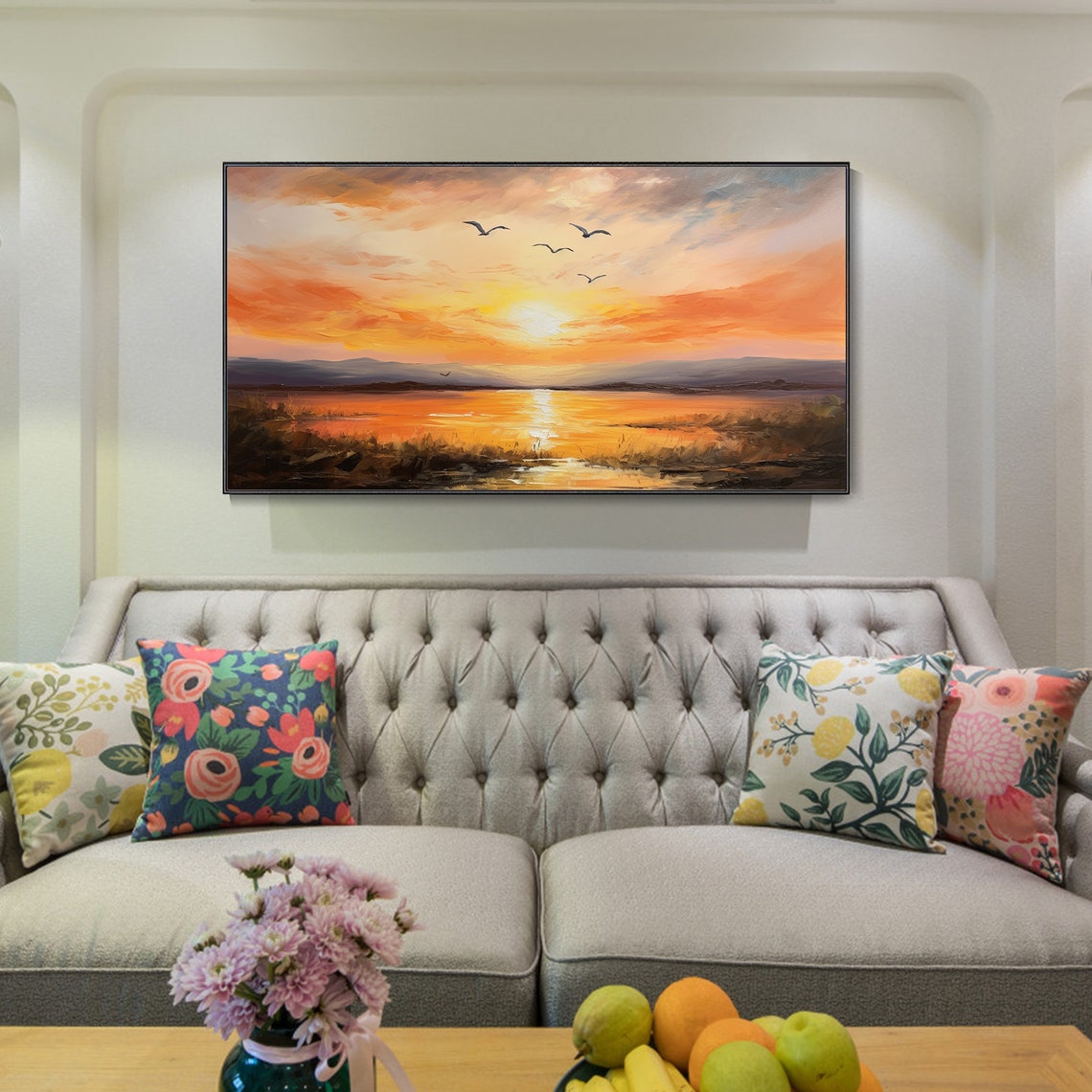 Lake Sunset Flying Birds Orange Sky Calm Water Landscape Wall Art - Image 3