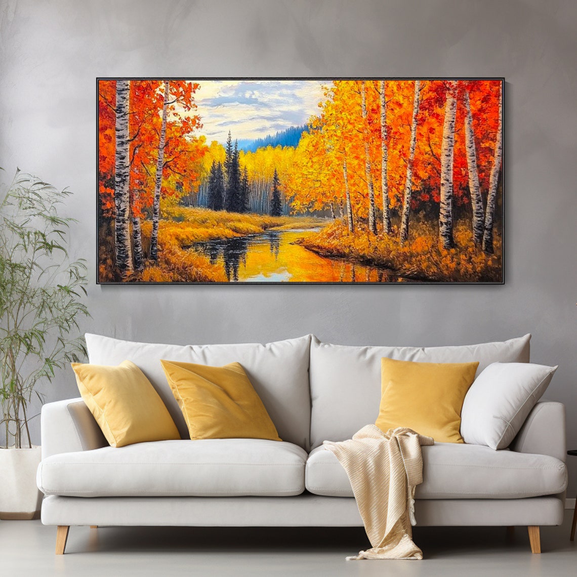 Autumn Birch Forest Creek Golden Red Leaves Panoramic Wall Art - Image 2
