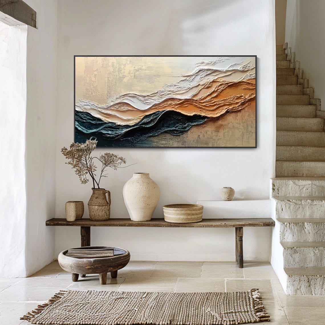 Layered Ocean Waves Beige Gold Teal Textured Abstract Wall Art - Image 4