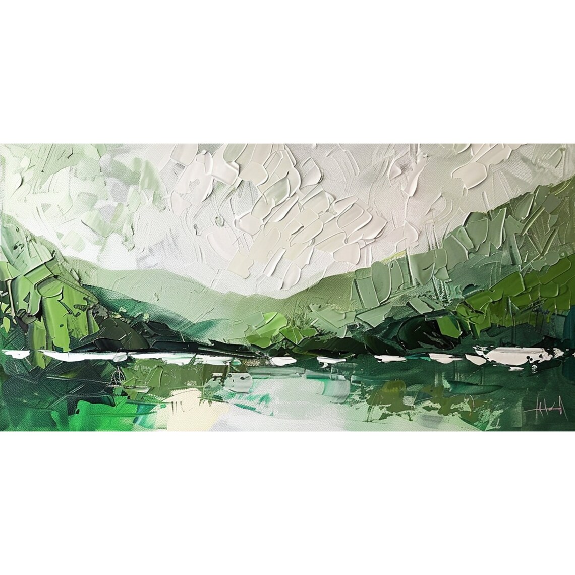 Minimalist Green Mountain Lake Abstract Textured Oil Painting Wall Art - Image 3