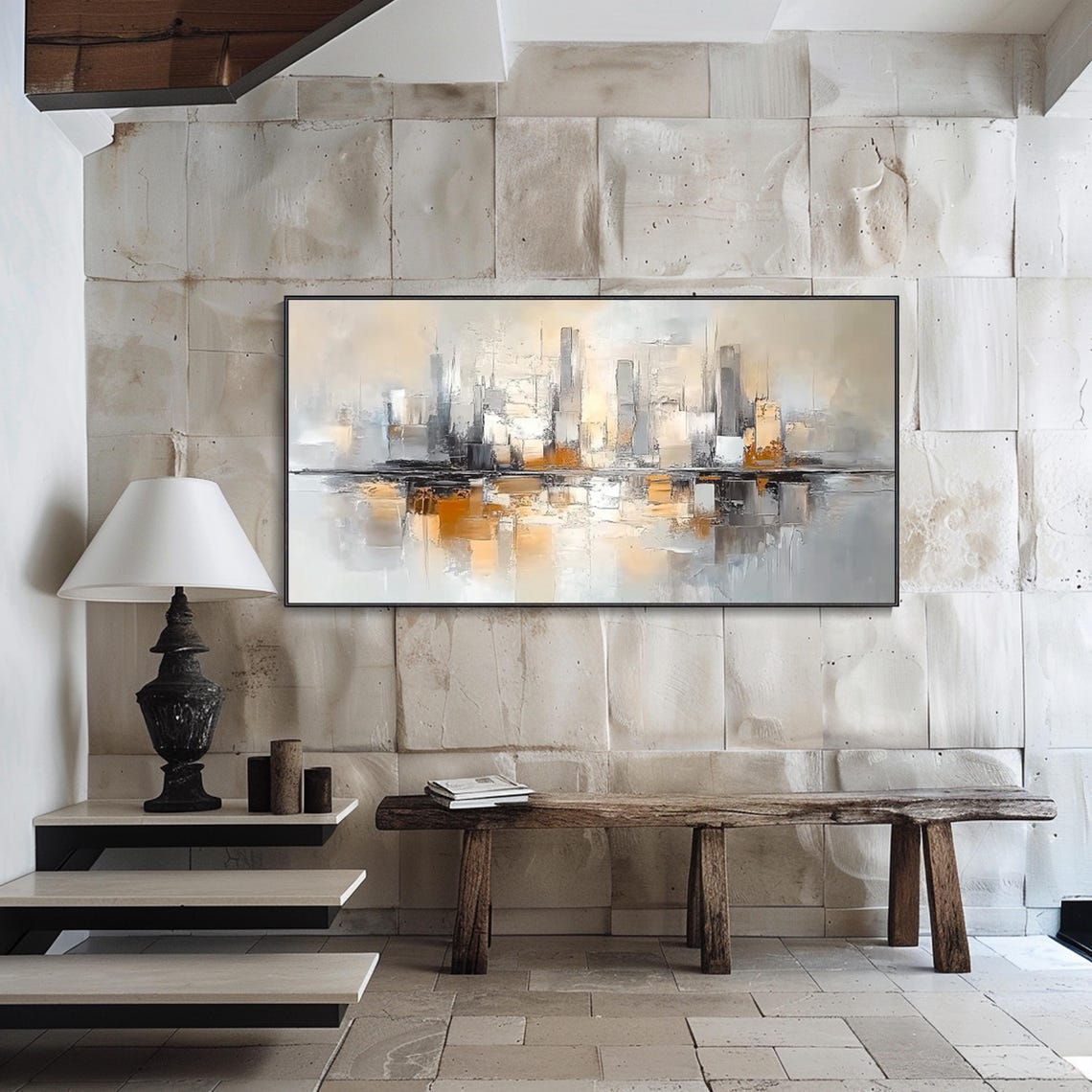 Neutral Gray Beige City Skyline Water Reflection Modern Wall Art - Image 4