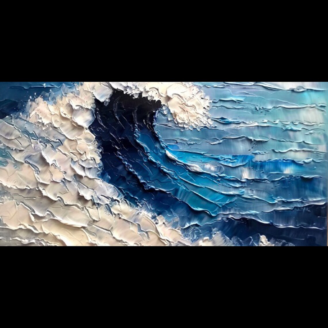 Blue White Abstract Ocean Wave Palette Knife Painting Textured 3D Art Poster - Image 4