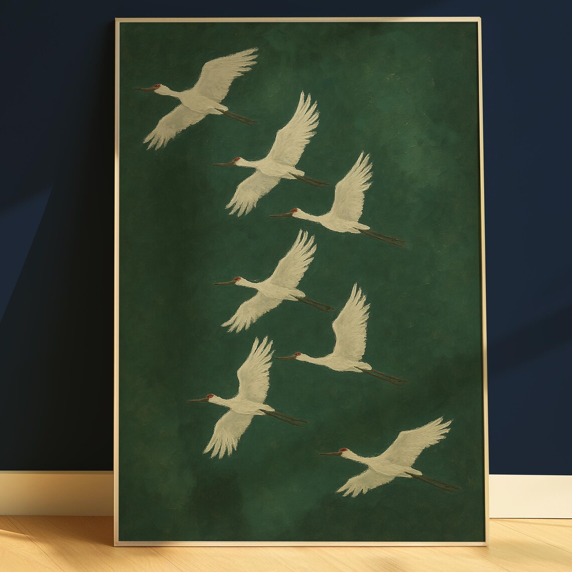 Seven Flying White Cranes Over Deep Green Japandi Style Art Poster