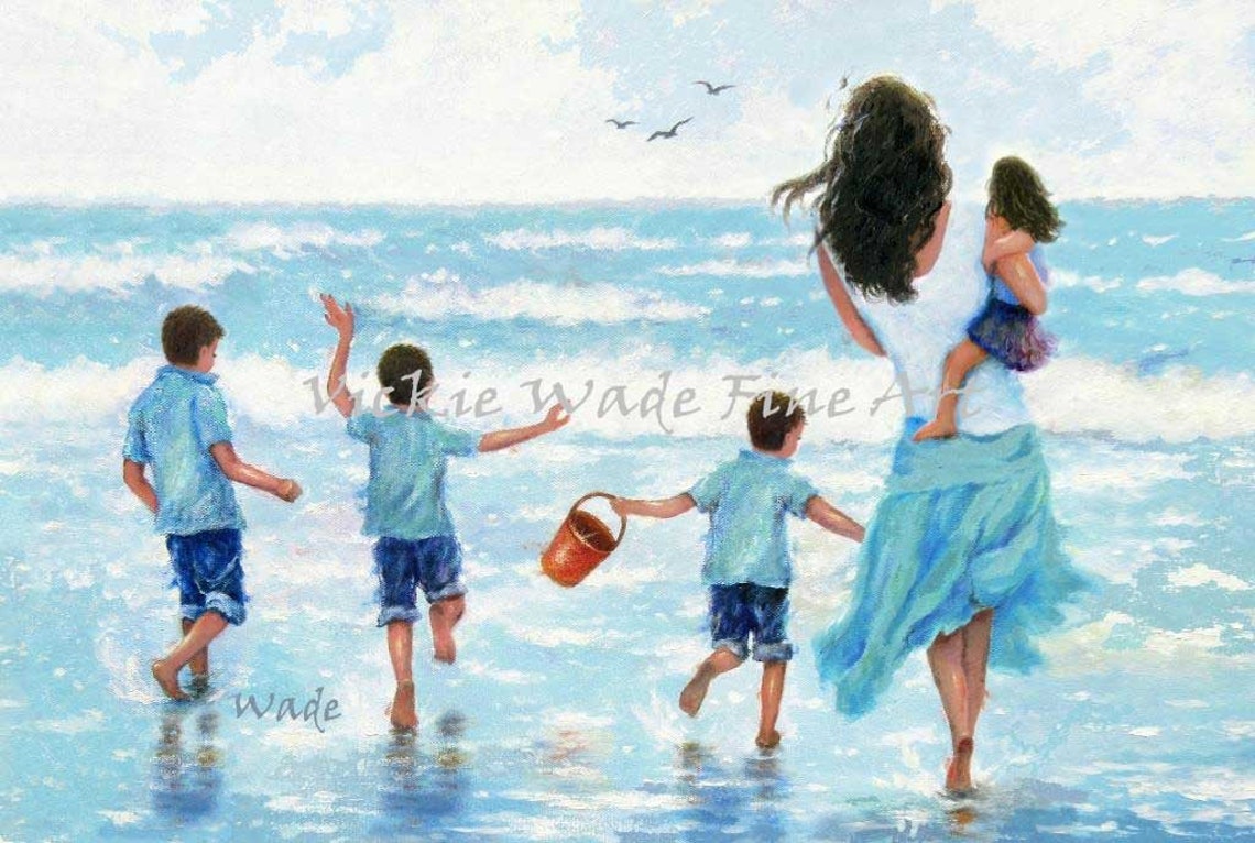 Mother And Her Four Children Running Into The Ocean Surf Poster