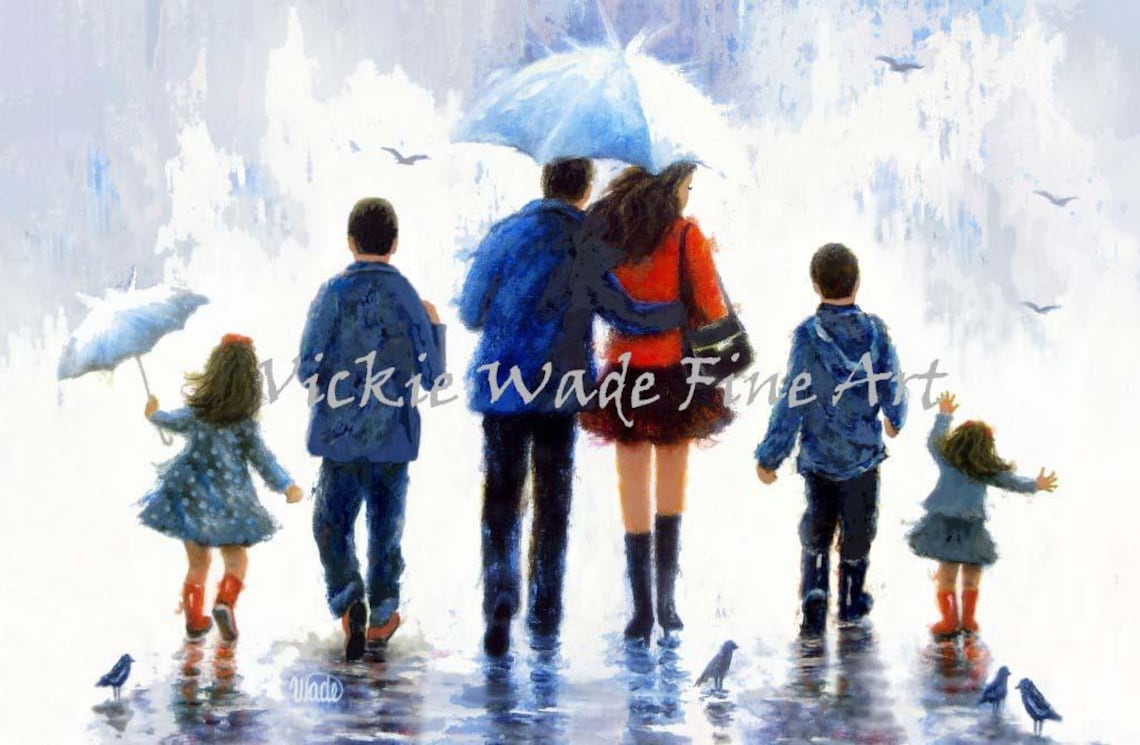 Family of Six Walking Together Under One Umbrella in Rain Poster