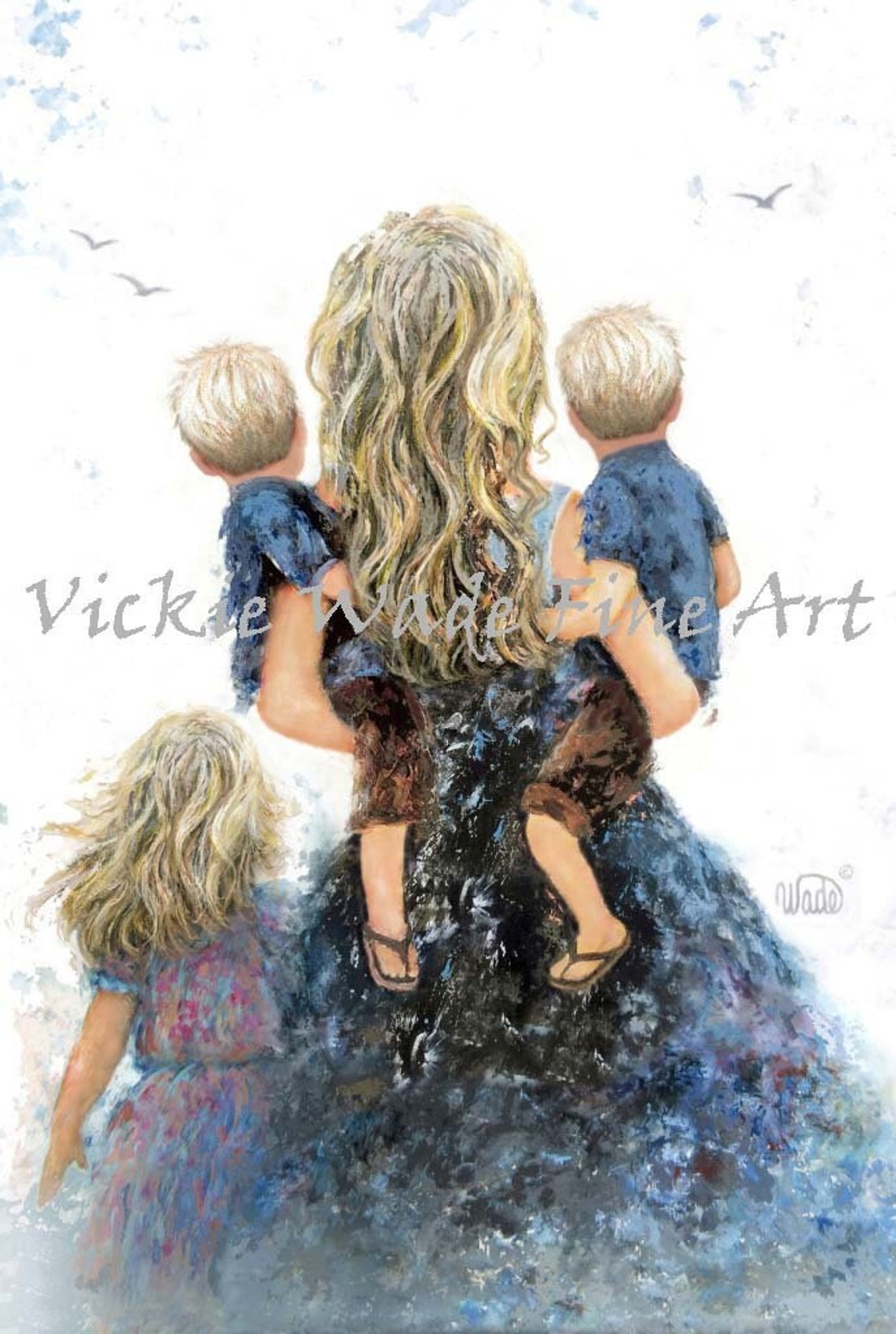 Mother Daughter And Twin Sons Art Print Mom Twin Boys And Big Sister Blondes Mother Carrying Twin Sons Older Daughter Vickie Wade Art
