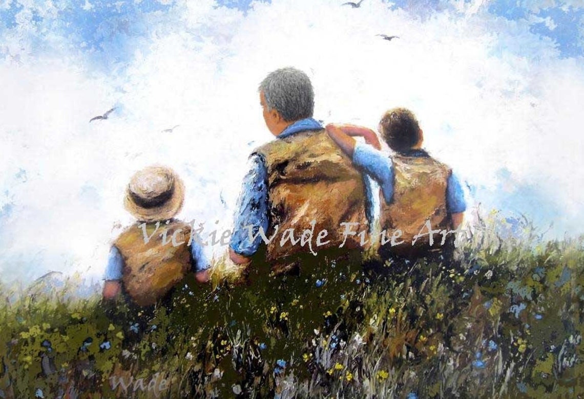 Grandfather With Two Grandsons Looking Up at the Bright Sky Poster