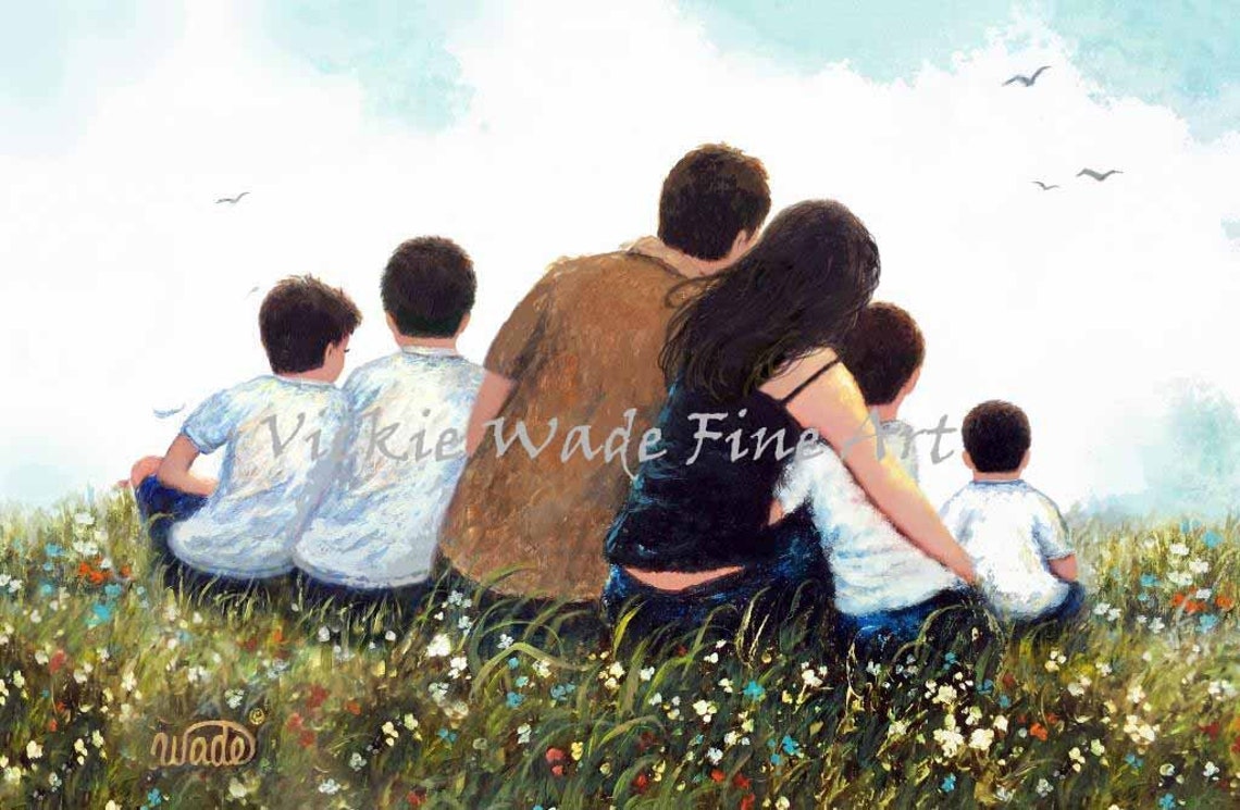 Mom and Dad Sitting in a Wildflower Meadow with Four Sons Poster