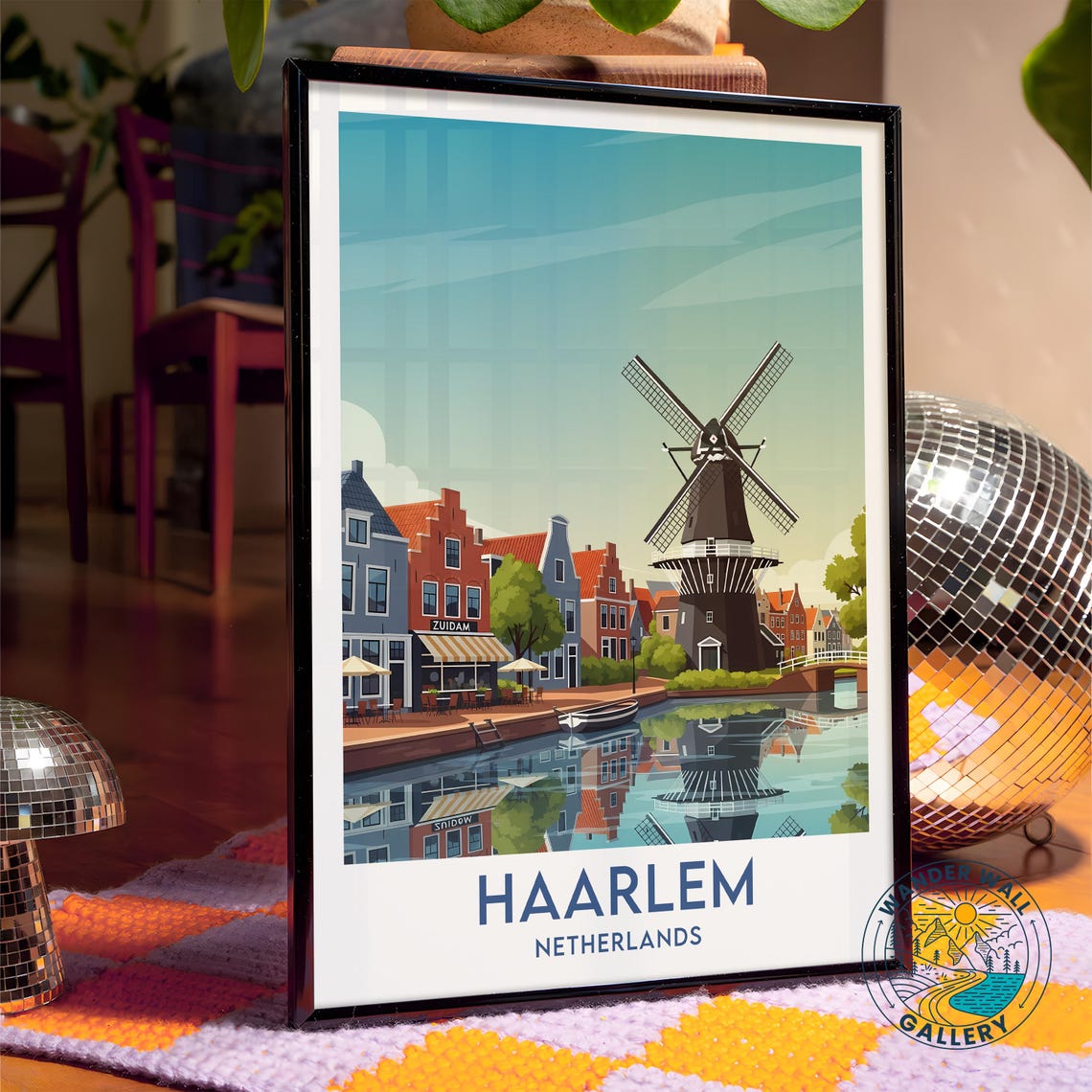 Haarlem Netherlands Canal Windmill Riverside Cafe Travel Poster - Image 4