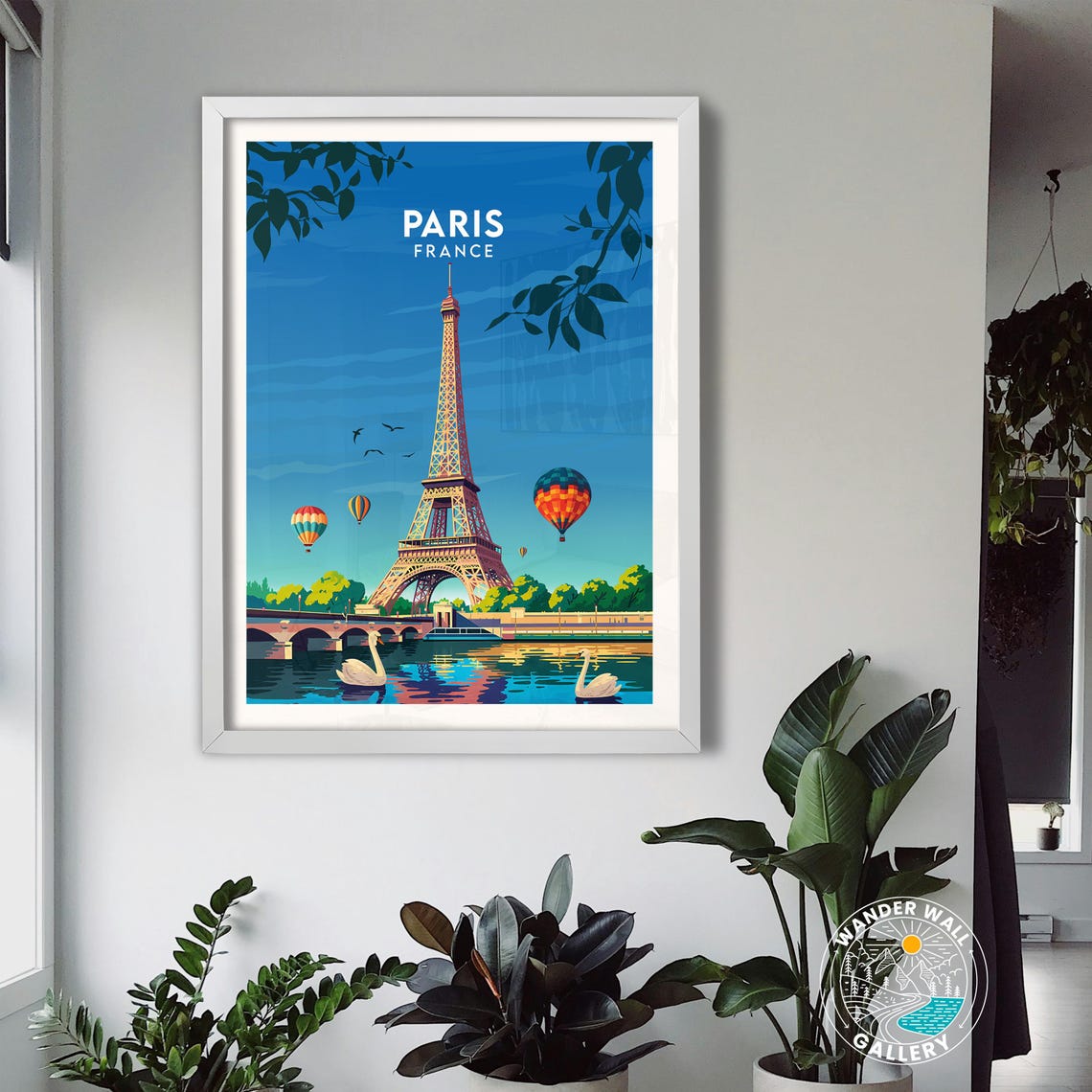 Paris France Eiffel Tower Hot Air Balloons River Swans Poster - Image 3