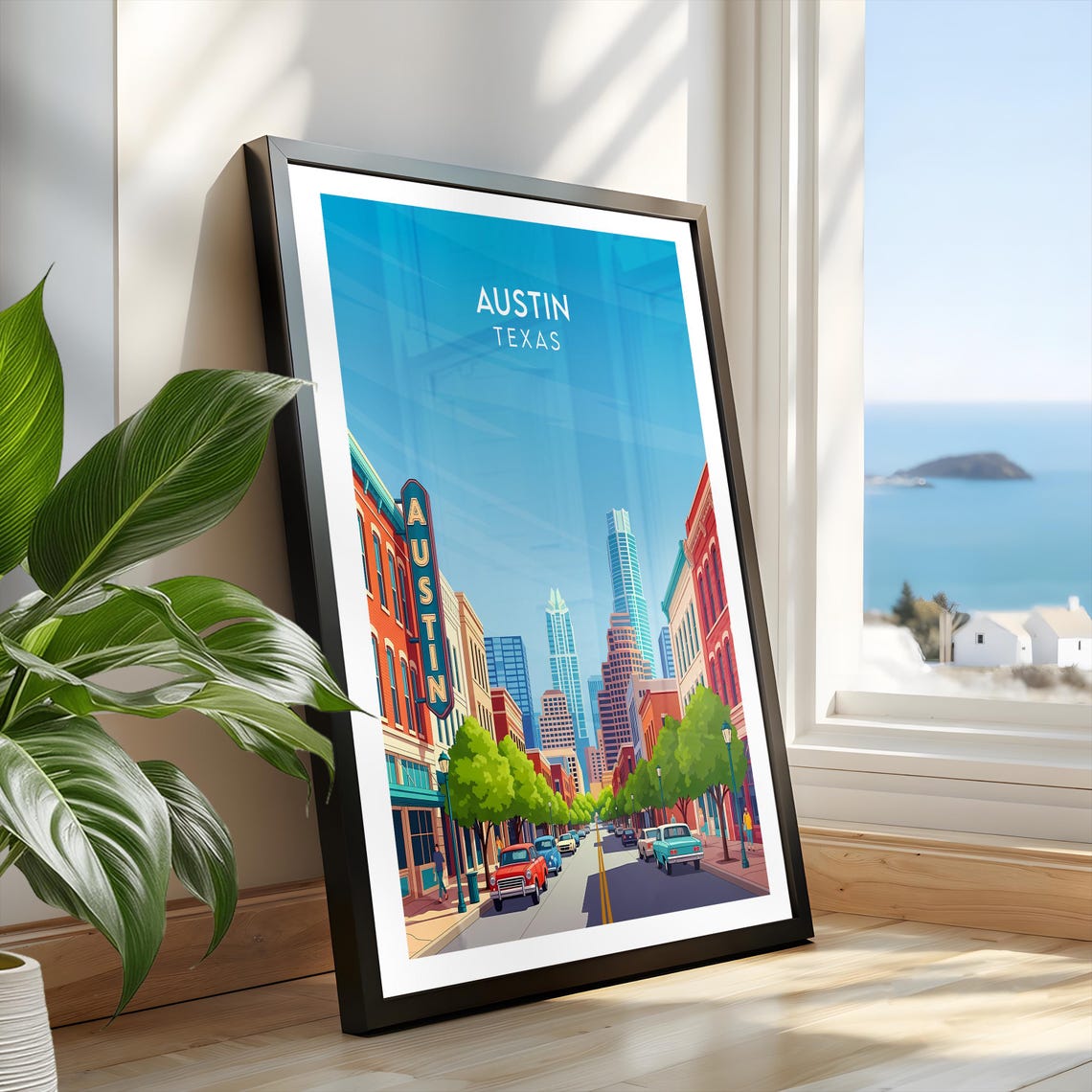 Austin Texas Retro Vintage Downtown Street Skyline Art Poster - Image 2