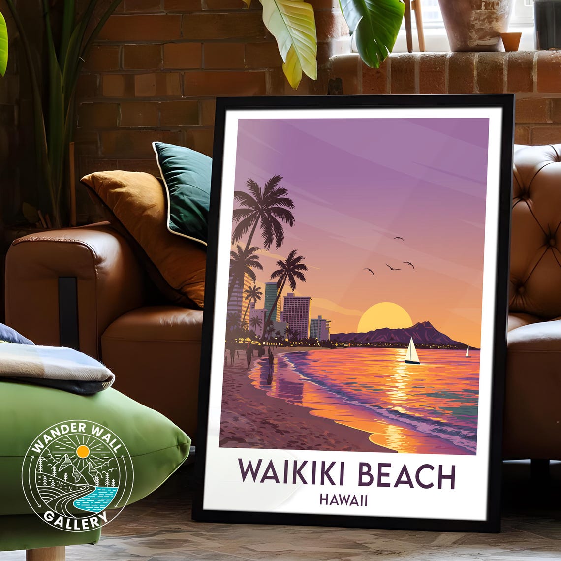 Waikiki Beach Hawaii Sunset Surf Palms Diamond Head Crater Poster - Image 6