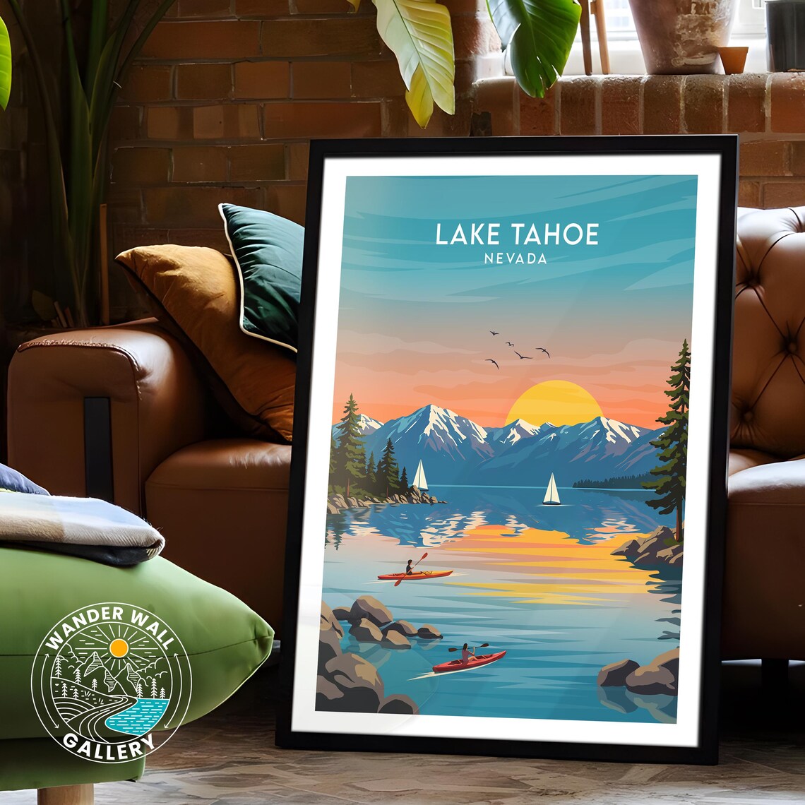 Lake Tahoe Nevada Sunset Kayaks Sailboats Mountain Lake Travel Poster - Image 6