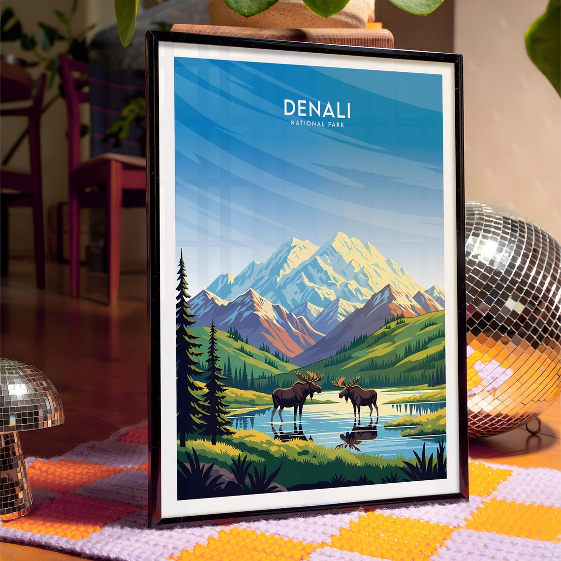 Denali Alaska Bull Moose Pair Wading in Alpine Lake Wildlife Poster - Image 4
