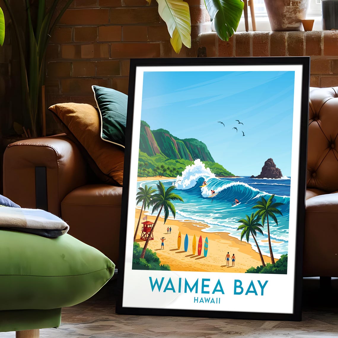 Waimea Bay Hawaii Big Wave Surfing Beach Palm Trees Surf Art Poster - Image 6