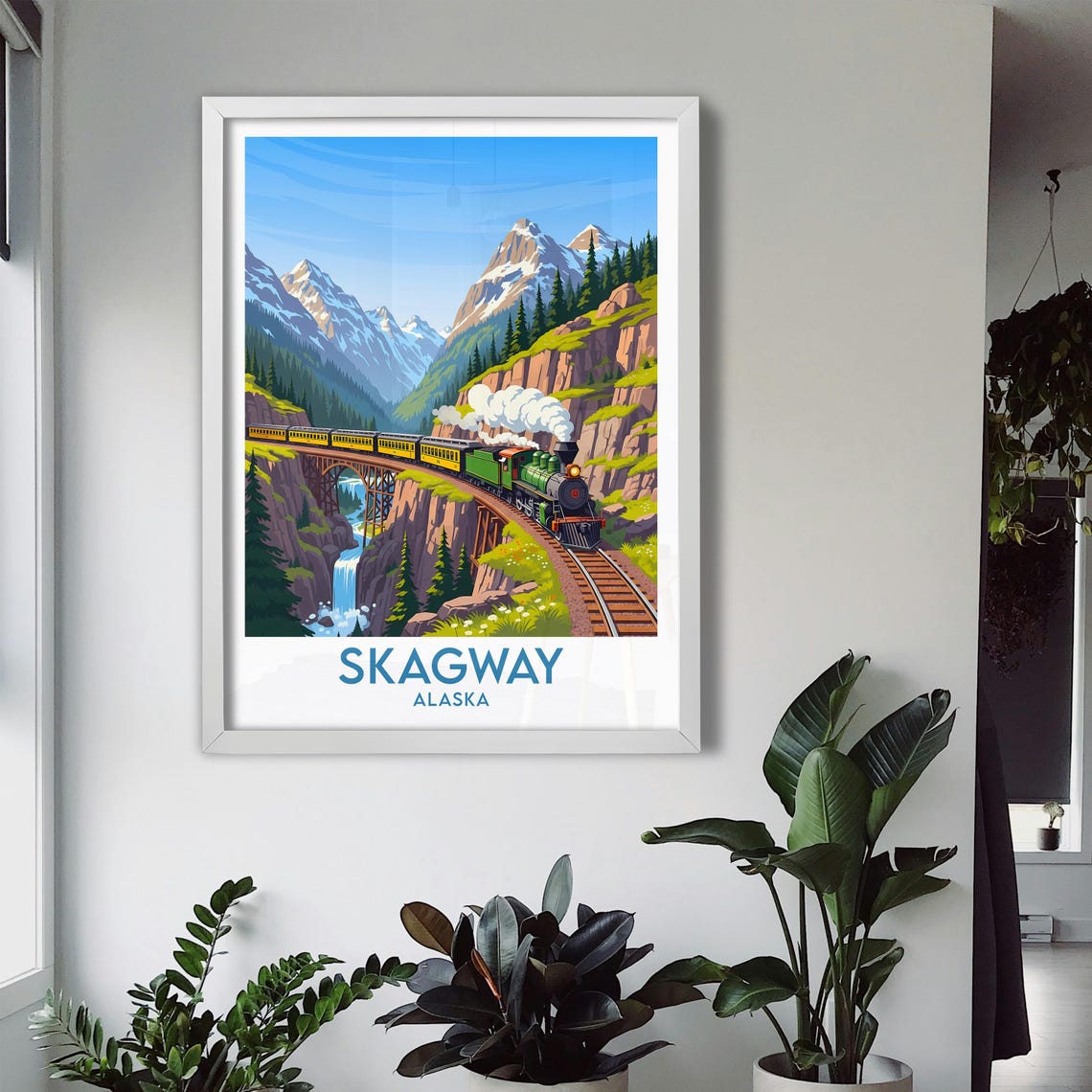 Skagway Alaska Steam Train Crossing Trestle Bridge Mountain Poster - Image 3