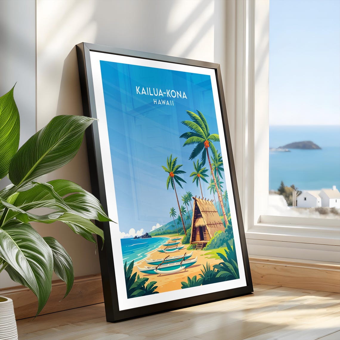 Kailua Kona Hawaii Thatched Hut Outrigger Canoes Beach Retro Poster - Image 3