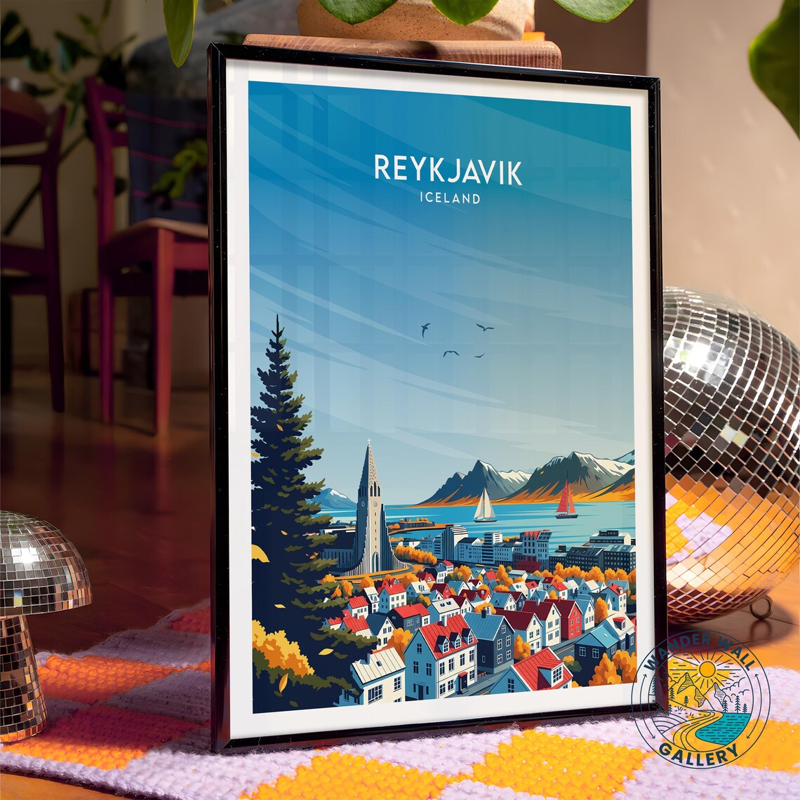 Reykjavik Iceland Colorful Harbor Cityscape Retro Travel Poster - Image 4