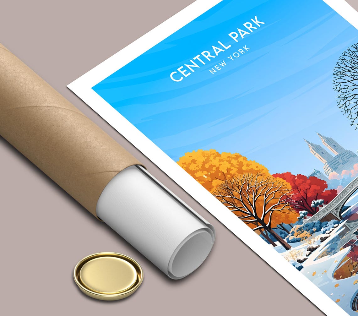 Central Park New York Winter Bow Bridge Snowy Lake Scene Poster - Image 3
