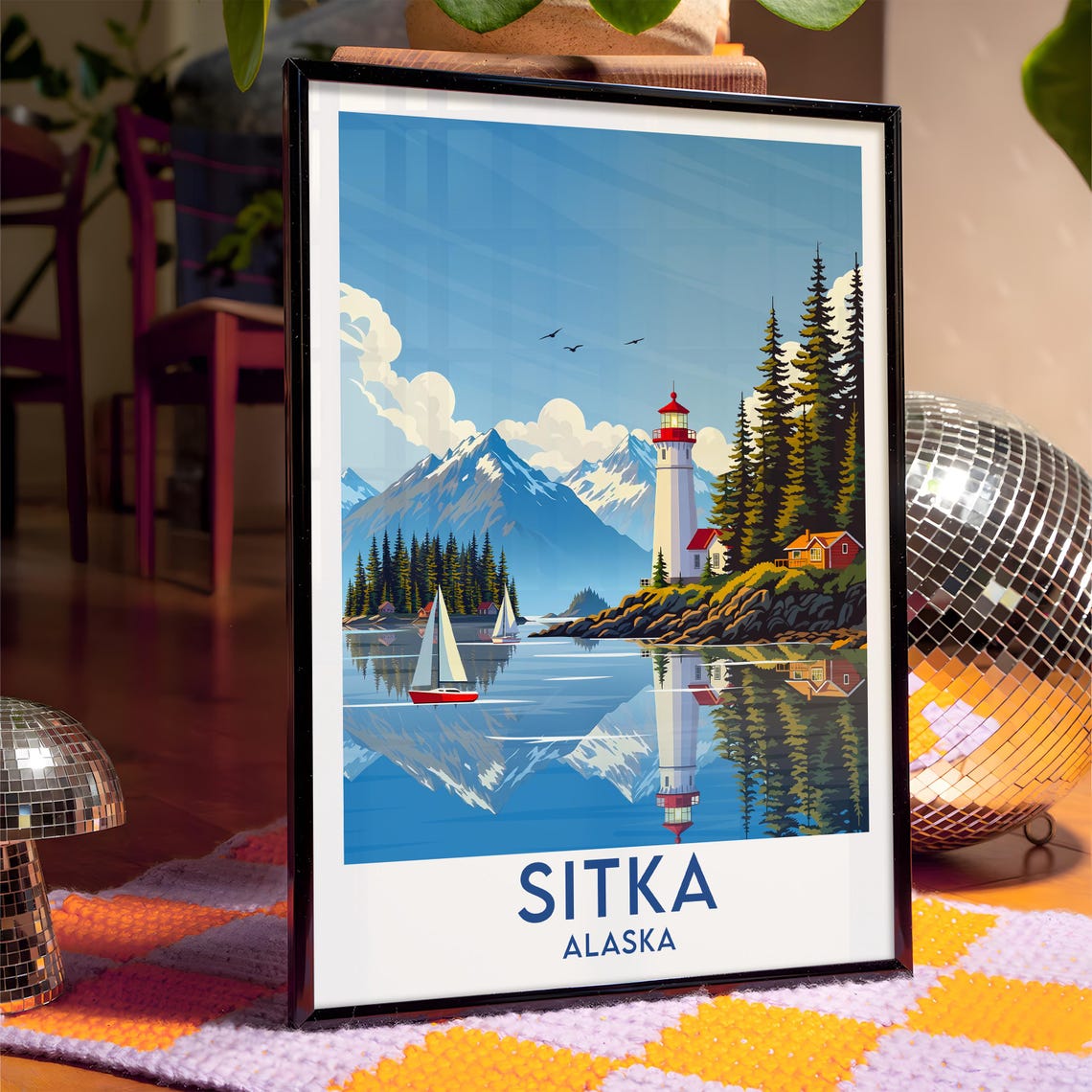 Sitka Alaska Lighthouse Sailboats Coastal Mountain Reflection Poster - Image 4