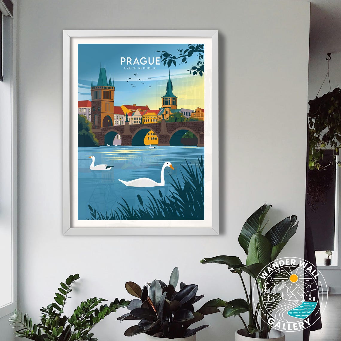 Prague Charles Bridge Swans Sunset Czech Republic Retro Travel Poster - Image 3