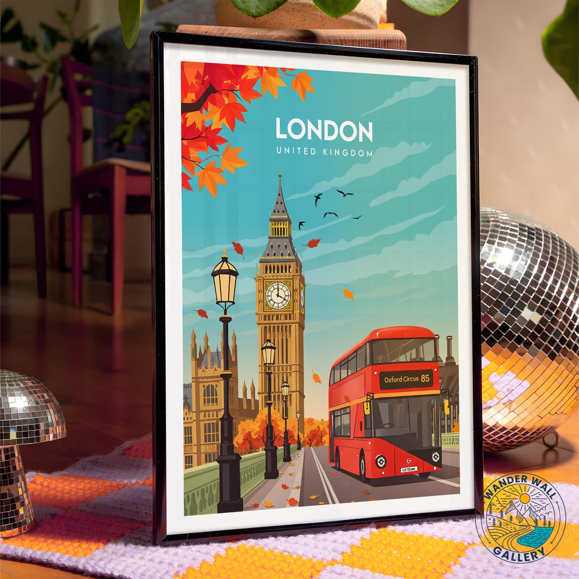 London United Kingdom Big Ben Westminster Red Bus Autumn Poster - Image 4