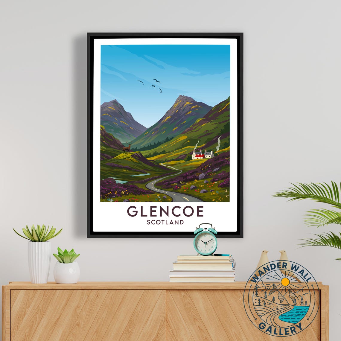 Glencoe Scotland Valley Road Stag Deer Highland Cottage Art Poster - Image 5