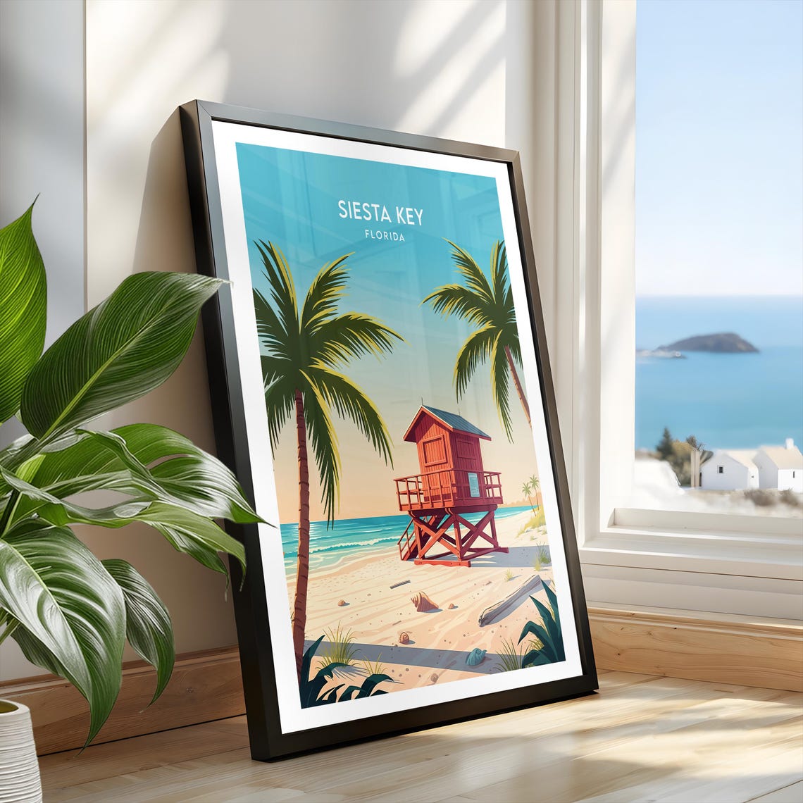 Siesta Key Florida Red Lifeguard Tower Golden Sunset Beach Poster - Image 2