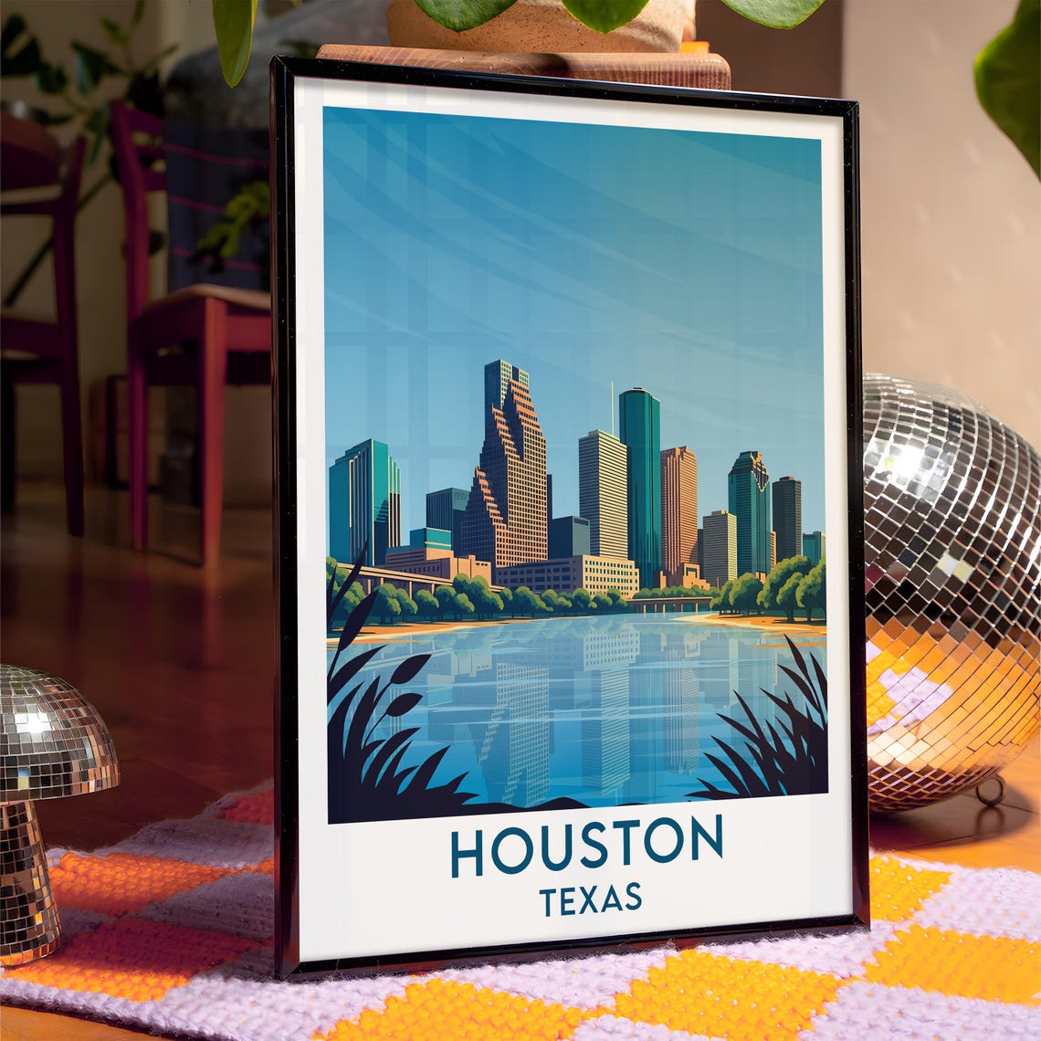 Houston Texas Skyline Over Calm Water Lakeside Morning View Poster - Image 4