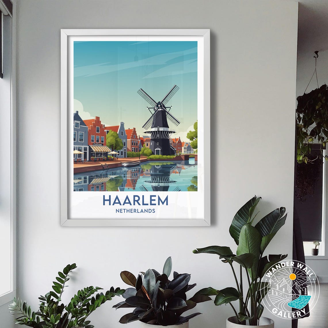 Haarlem Netherlands Canal Windmill Riverside Cafe Travel Poster - Image 3