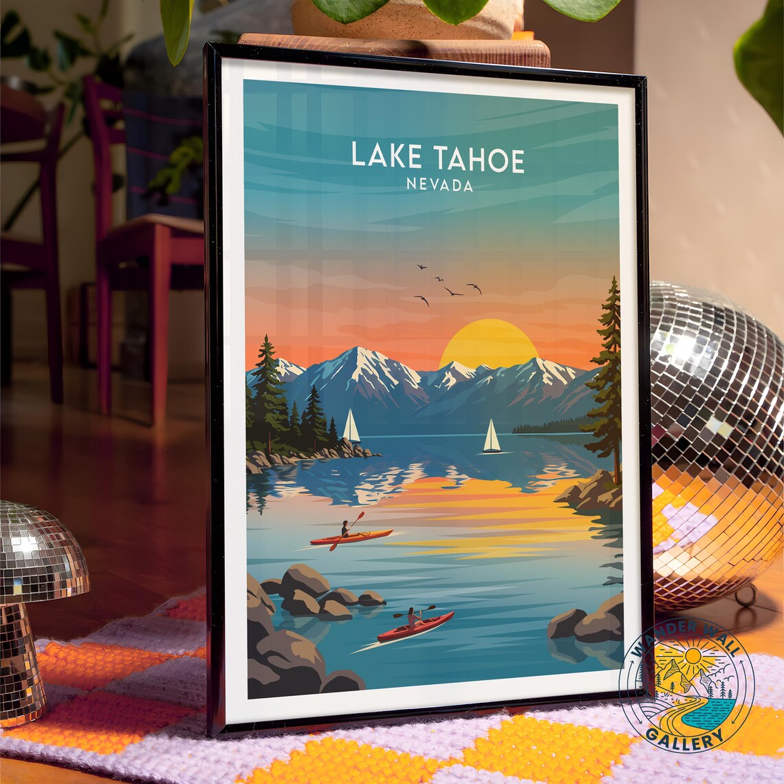 Lake Tahoe Nevada Sunset Kayaks Sailboats Mountain Lake Travel Poster - Image 4