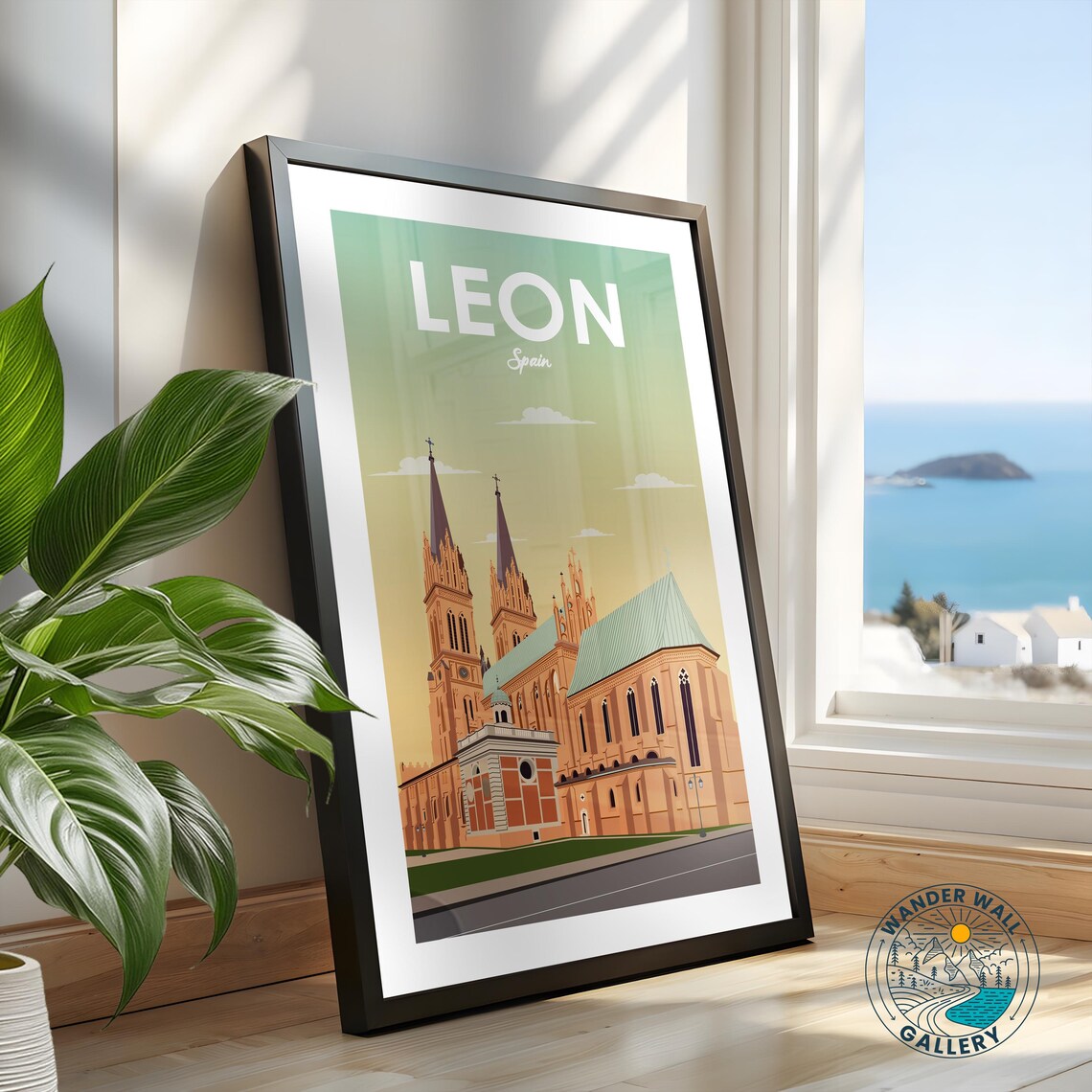 Leon Spain Cathedral Twin Spires Golden Sunrise Travel Poster - Image 2