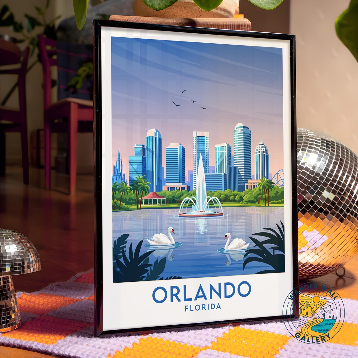 Orlando Florida Lake Fountain Swans Skyline Vintage Travel Poster - Image 4