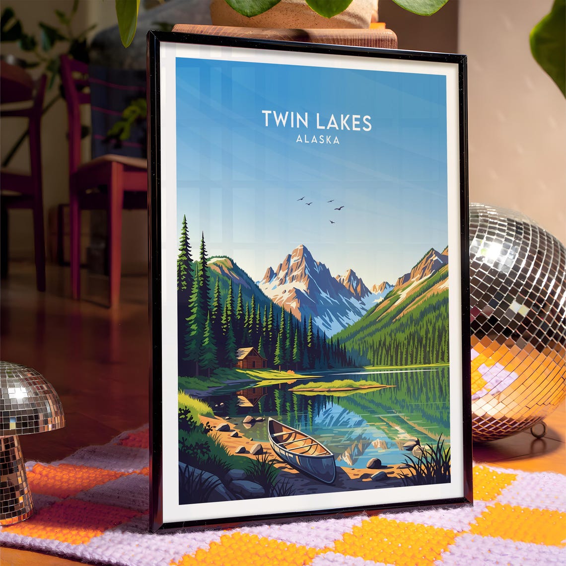 Twin Lakes Alaska Log Cabin Canoe Mountain Lake Wilderness Poster - Image 4