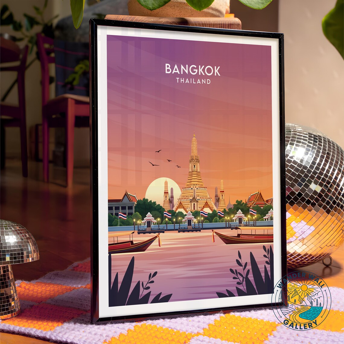 Bangkok Thailand Riverside Temple of Dawn Sunset Travel Poster - Image 4