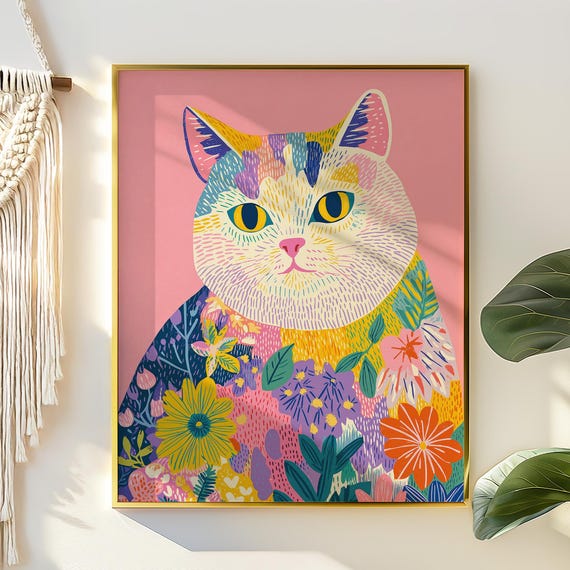 Colorful Floral Cat Art Print Whimsical Botanical Illustration Vibrant Feline Wall For Bright Home Decor