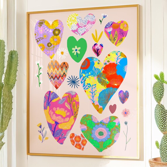 Colorful Boho Hearts Pattern Maximalist Floral Poster For Girls Room