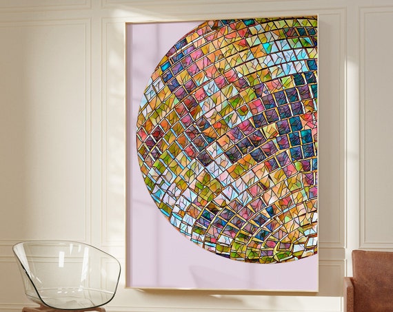 Mosaic Disco Ball Poster Trendy Bar Cart Wall Art Preppy Girly Dorm Room Decor Retro Colorful Mirrorball Art
