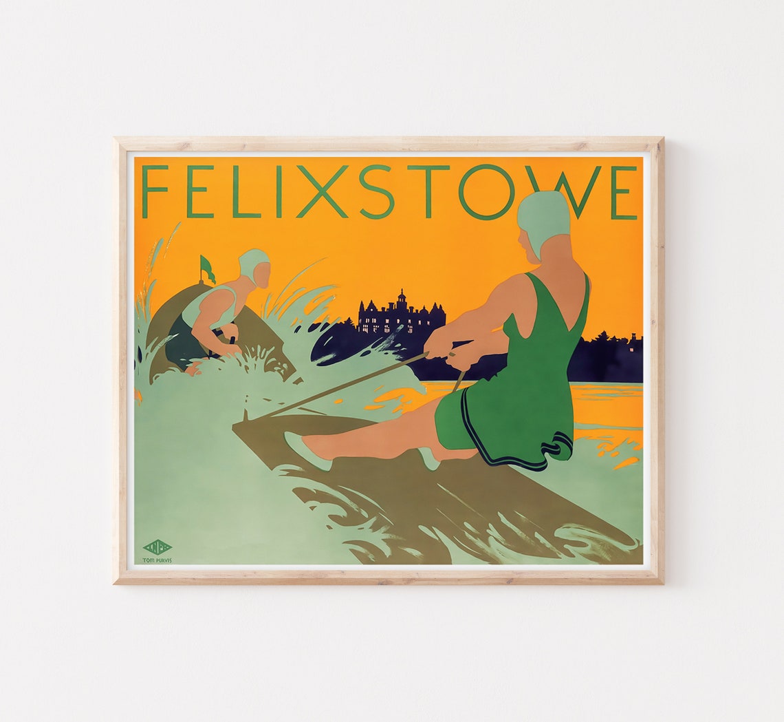 Felixstowe England Water Skiing Sunset Pair Tom Purvis Railway Poster