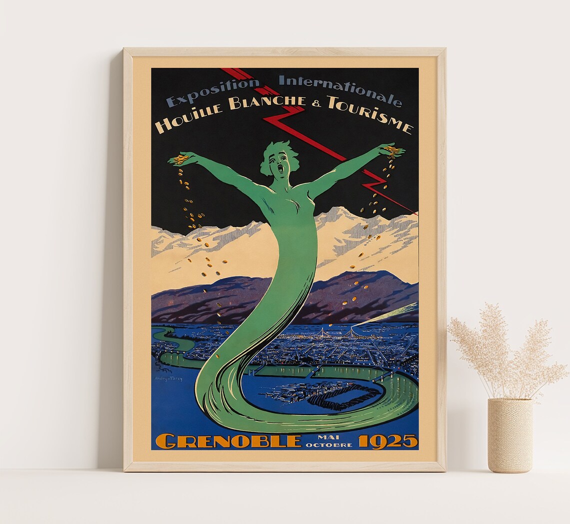 Grenoble France 1925 Expo White Coal Tourism Allegory Vintage Poster