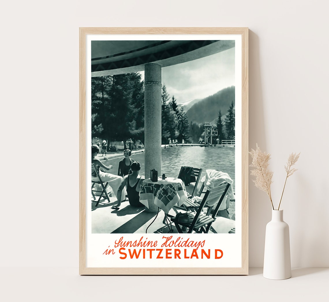 Sunshine Holidays Switzerland Vintage Alpine Pool Holiday Poster Print